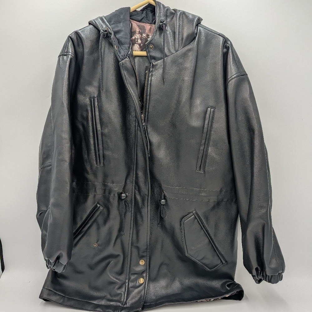 VTG Andy Johns Pleather Grunge Anorak Jacket Women's Small Black Hooded Punk
